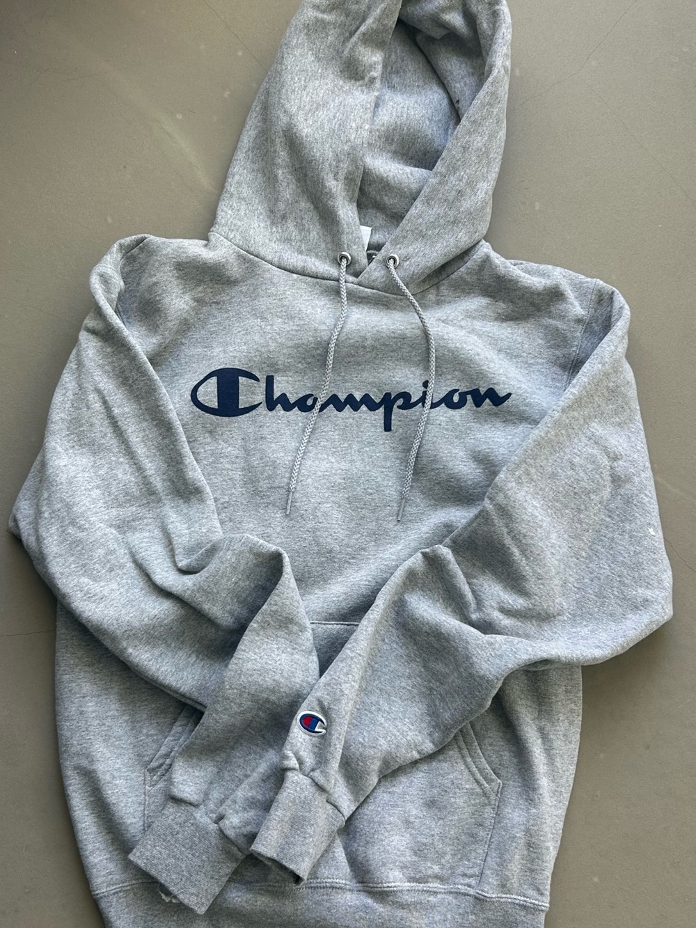 Champion Men's Gray Pullover Hoodie with Navy Script Logo